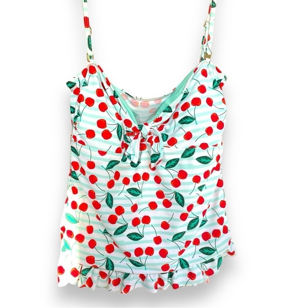 Cherry Print Ruffle Tankini Top NWT XXL Coquette Pinup Spaghetti Strap Bow Retro
